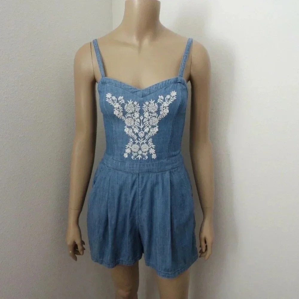 Hollister Chambray Embroidered Romper Size S